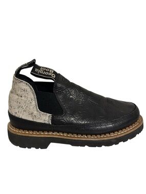 GEORGIA BOOT Black Tooled Leather Romeo Pull On Ankle Boots
